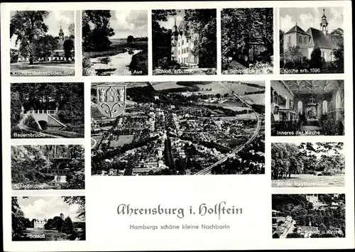 Ak Ahrensburg Schleswig Holstein, Kirche u. Gottesbuden, Flugbild, Kastanienallee, Schloss