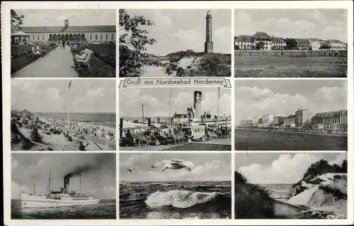 Ak Norderney, Dampfschiff, Strandaufnahmen, Leuchtturm, Möwe, Dünen