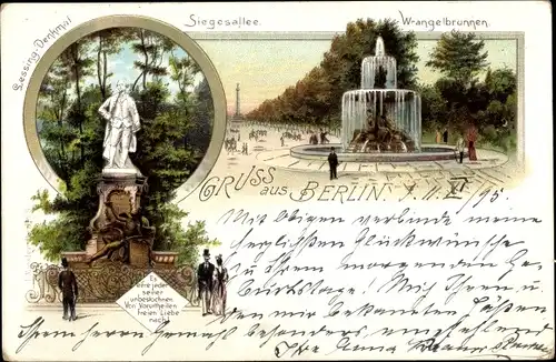 Litho Berlin Tiergarten, Lessing Denkmal, Siegesallee, Wrangelbrunnen
