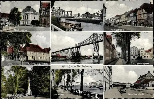 Ak Rendsburg in Schleswig Holstein, Stadttheater, Drehbrücke, Königsstraße, Hochbrücke, Schlossplatz