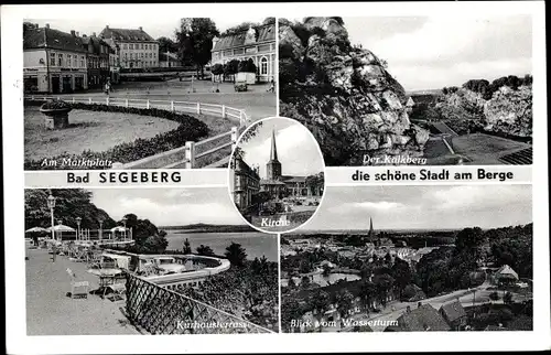 Ak Bad Segeberg in Schleswig Holstein, Marktplatz, Kirche, Kalkberg, Kurhausterrasse, Panorama