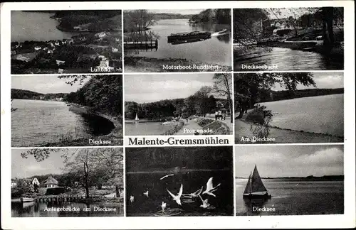 Ak Malente Gremsmühlen in Ostholstein, Fliegeraufnahme, Motorbootrundfahrt, Promenade, Anlegebrücke