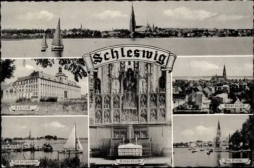 Ak Schleswig an der Schlei, Panorama vom Ort, Schloss, Altarblatt, Schleipartie, Am Holm, Übersicht