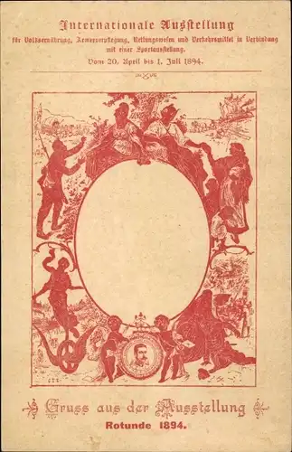 Vorläufer Ganzsachen Ak Wien, Ausstellung Rotunde 1894, Volksernährung, Rettungswesen, Sport
