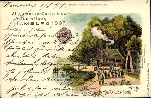 Litho Hamburg, Allgemeine Gartenbau Ausstellung 1897, Zur Waldschenke