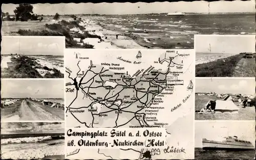 Landkarten Ak Sütel Neukirchen Holstein, Campingplatz, Strandpartie, Meerespanorama, Dampfer