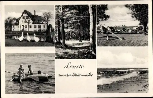 Ak Lenste Grömitz Schleswig Holstein, Campingplatz, Wellenbrecher, Schlauchboot, Gänse, Wald