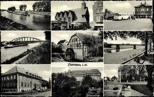 Ak Dorsten Westfalen, Kirche, Bahnhof, Autobus, Wassermühle, Brücke