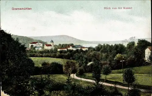 Ak Gremsmühlen Malente in Ostholstein, Blick von der Kanzel auf den Ort mit Umgebung