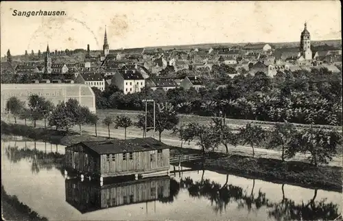 Ak Sangerhausen im Kreis Mansfeld Südharz, Teilansicht, Kirchen, Bootshaus