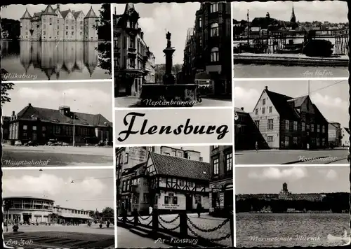 Ak Flensburg Schleswig Holstein, Glücksburg, Hafen, Hauptbahnhof, Kompanietor, Maribneschule Mürwik