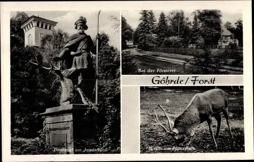 Ak Göhrde Lüchow Dannenberg in Niedersachsen, Bei der Försterei, Denkmal am Jagdschloss, Hirsch