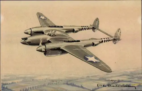 Künstler Ak Amerikanisches Kampfflugzeug, Lockheed Lightning P 38