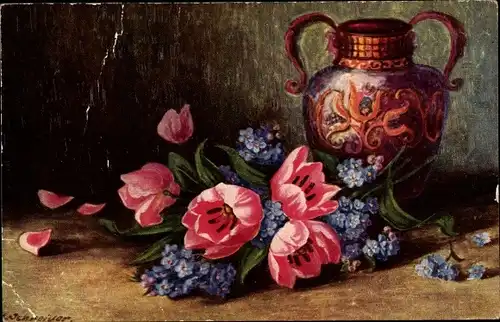 Künstler Ak Schneider, Blumenstillleben, Tulpen, Vergissmeinnichtblüten, Blumenvase