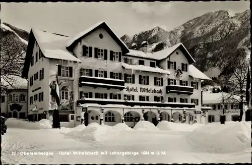 Ak Oberammergau Bayern, Hotel Wittelsbach mit Labergebirge, Schnee