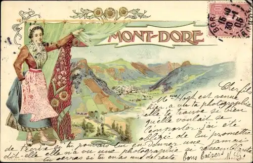 Litho Le Mont Dore Puy de Dôme, Panorama, Frau in Tracht