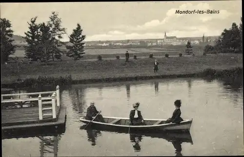 Ak Mondorf les Bains Bad Mondorf Luxemburg, Ruderboot, Kirche, Steg