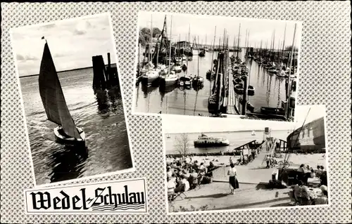 Ak Wedel Schleswig Holstein, Partie am Hafen, Segelboot, Strand