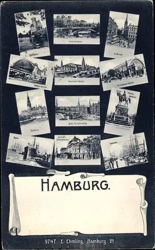 Passepartout Ak Hamburg, Rathaus, Bahnhof, Denkmal, Hafen