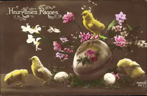 Ak Glückwunsch Ostern, Ostereier, Küken, Blumen