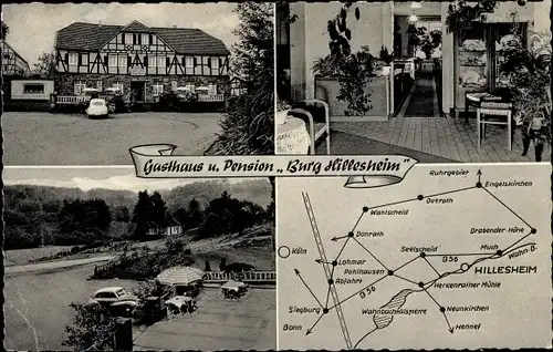 Landkarten Ak Hillesheim Much Rhein Sieg Kreis, Gasthaus und Pension Burg Hillesheim