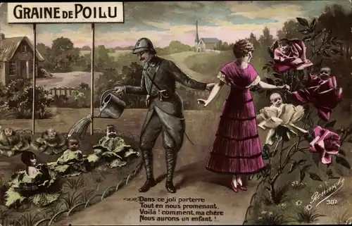 Ak Graine de Poilu, Dans ce joli parterre, Französischer Soldat, Frau, Kinder, Garten