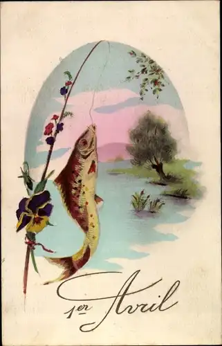 Ak 1. April, Angel mit Fisch, Stiefmütterchen