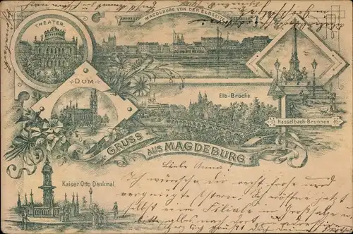 Litho Magdeburg an der Elbe, Elbbrücke, Hasselbach Brunnen, Dom, Theater