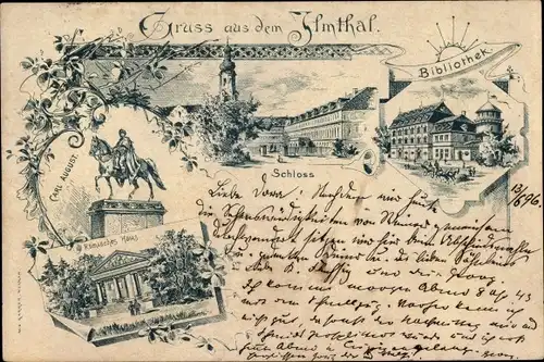 Litho Weimar in Thüringen, Gruß aus dem Ilmtal, Reiterdenkmal Carl August, Römisches Haus