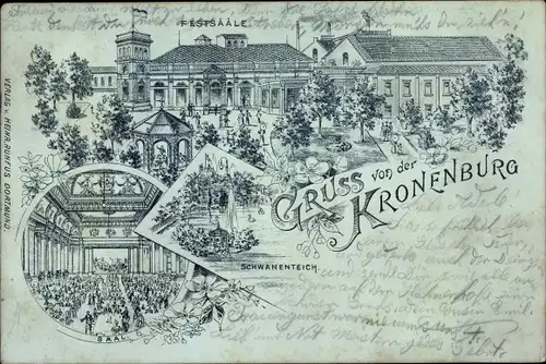 Litho Dortmund im Ruhrgebiet, Kronenburg, Festsäle, Schwanenteich