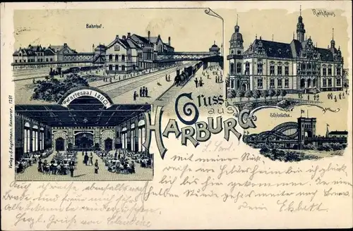 Litho Hamburg Harburg, Bahnhof, Rathaus, Elbbrücke