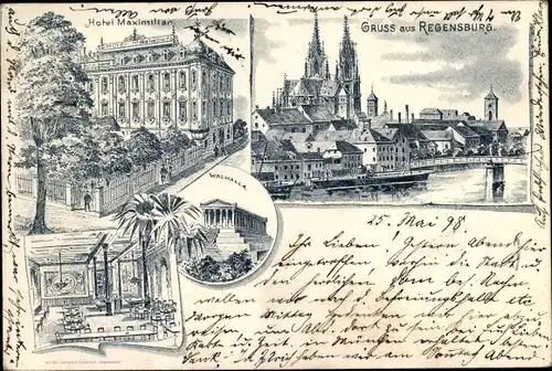 Litho Regensburg an der Donau Oberpfalz, Hotel Maximilian, Walhalla