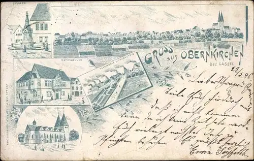 Litho Obernkirchen in Niedersachsen, Ratskeller, Brunnen, Kirche, Glasfabrik Schauenstein