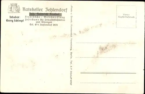 Ak Berlin Zehlendorf, Ratskeller, Innenansicht, Kleiner Festsaal, Bankett, Fenster