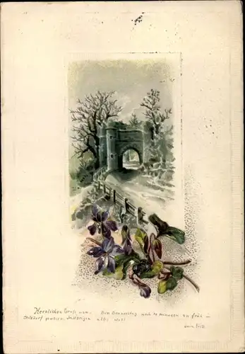 Präge Passepartout Litho Veilchen, Straßenpartie, Tor, Schneelandschaft