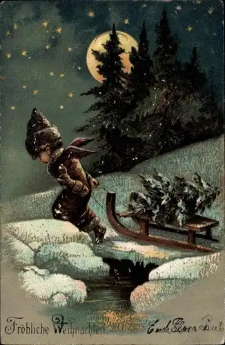 Präge Mondschein Litho Frohe Weihnachten, Tannenbaum, Schlitten, Schneelandschaft