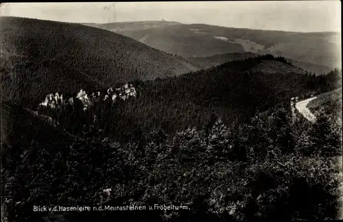 Ak Meura Thüringen, Blick von der Hasenleite nach den Meurasteinen, Fröbelturm