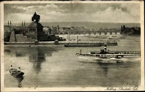 Künstler Ak Koblenz in Rheinland Pfalz, Blick auf Koblenz, Reiterstandbild, Brücke