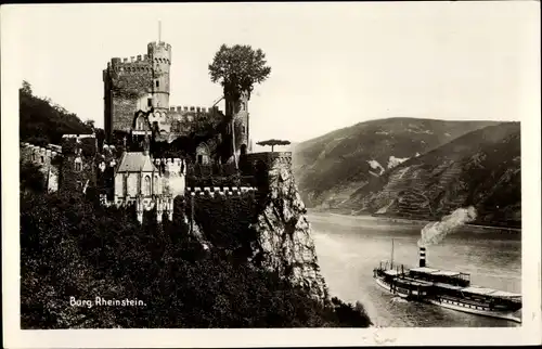 Ak Trechtinghausen Mainz Bingen in Rheinland Pfalz, Burg Rheinstein, Dampfschiff auf dem Rhein