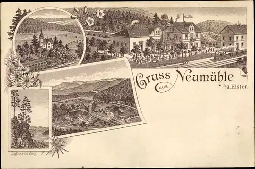 Litho Neumühle in Thüringen, Gastwirtschaft, Panorama