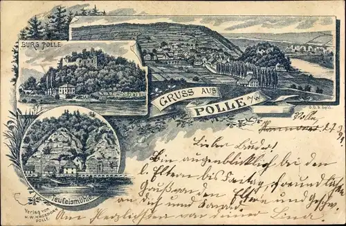 Litho Polle an der Weser in Niedersachsen, Burg Polle, Teufelsmühle
