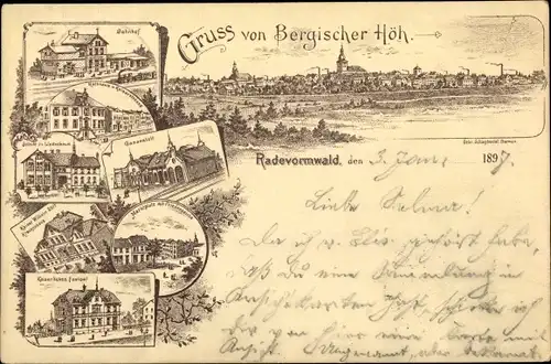 Litho Radevormwald Bergisches Land, Bahnhof, Rathaus, Kaiserstraße, Gasanstalt, Schule Lindenbaum