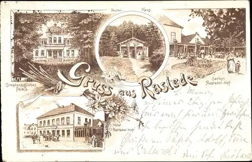 Litho Rastede in Niedersachsen, Hotel Rasteder Hof, Großherzogl. Palais, Försterhaus