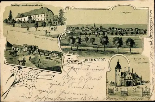 Litho Quenstedt Arnstein Südharz, Gasthof zum braunen Hirsch, Rittergut Pfersdorf, Kirche