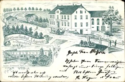 Litho Oberschöna in Sachsen, Gasthof Erbgericht, Eisenbahnviadukt