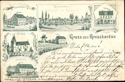 Litho Großbardau Grimma Sachsen, Deutsches Haus, Kirche, Schulen, Argus, Windmühle