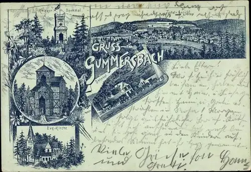 Litho Gummersbach im Oberbergischen Kreis, Tempel, Ev. Kirche, Kriegerdenkmal, Bahnhof