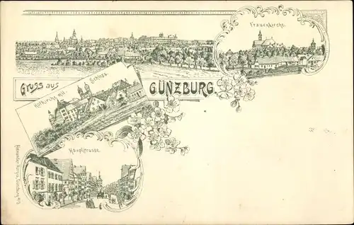 Litho Günzburg in Schwaben, Hofkirche, Schloss, Hauptstraße, Frauenkirche