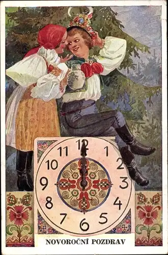 Künstler Ak Simunek, K., Tschechien, Frauen in Trachten, Novorocni Pozdrav, Neujahr, Uhr