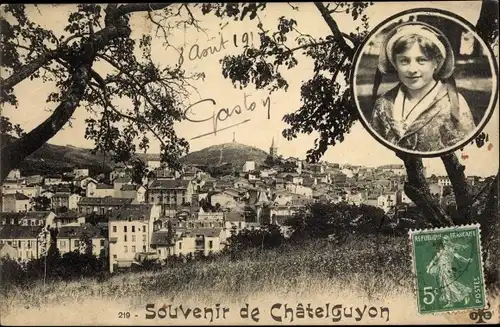 Ak Châtelguyon Puy de Dôme, Blick zur Stadt, Mädchen in Tracht